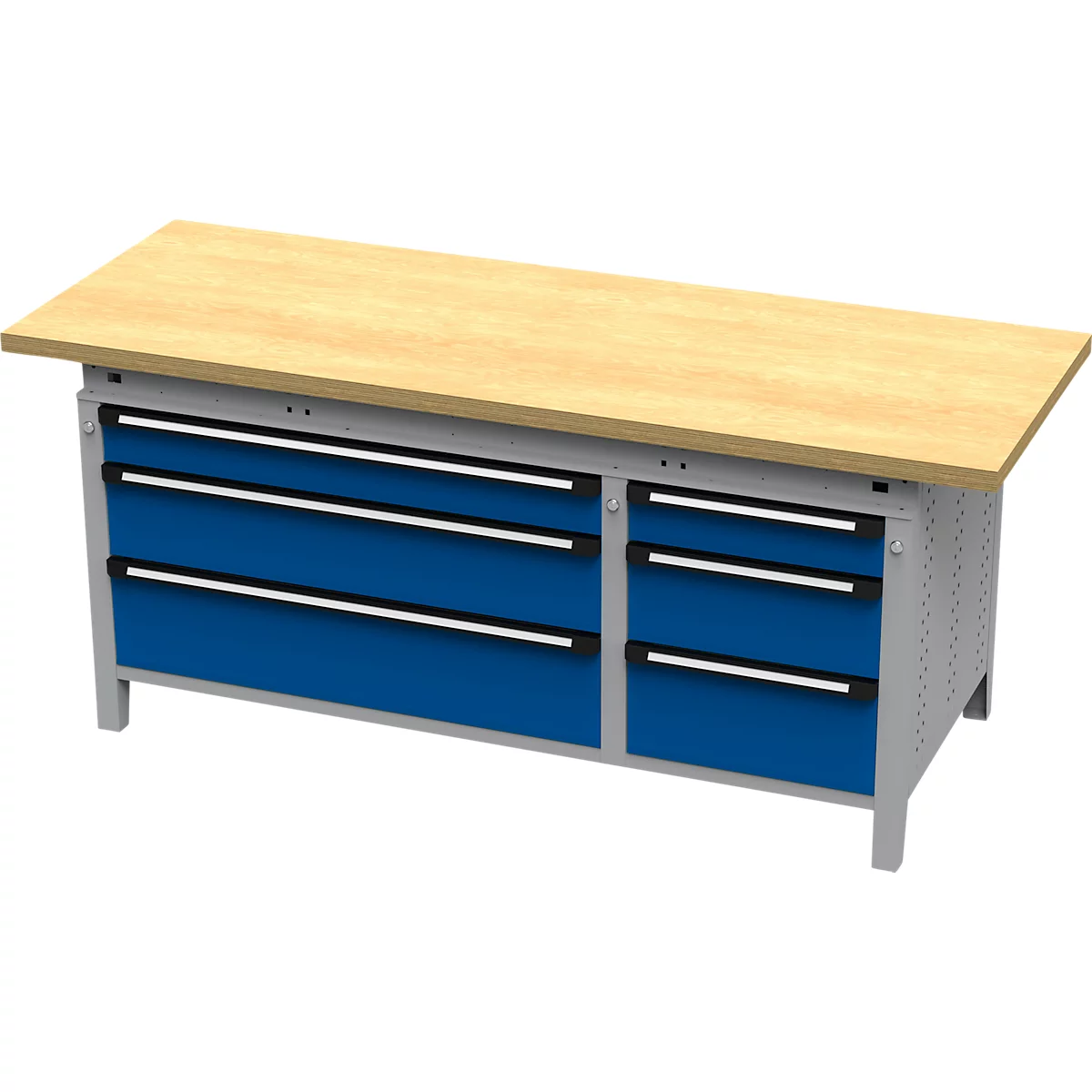 Werkbank met blauwe laden, houten tafelblad en grijs frame.