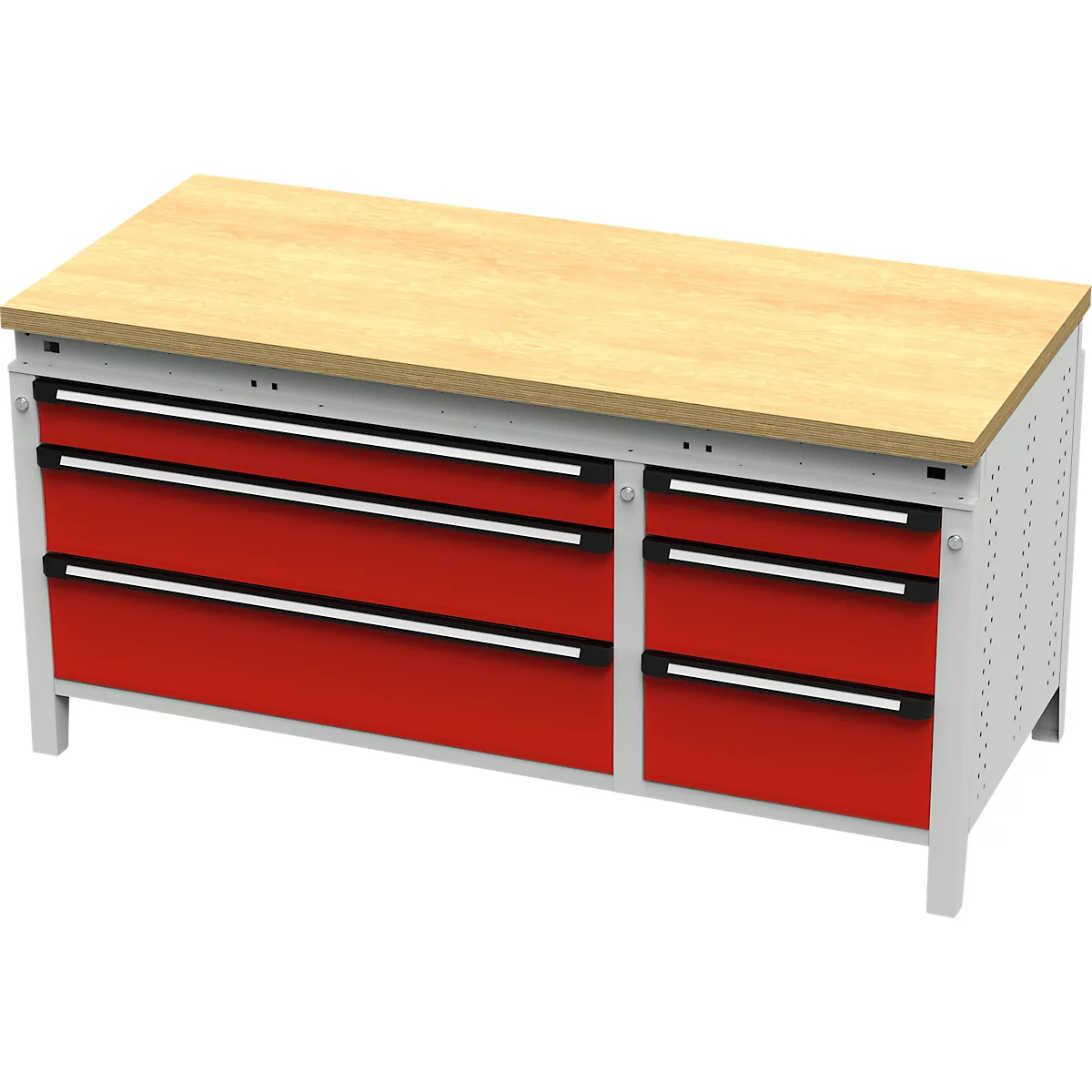 Werkbank met rood gelakte lades en een houten blad, metalen frame.