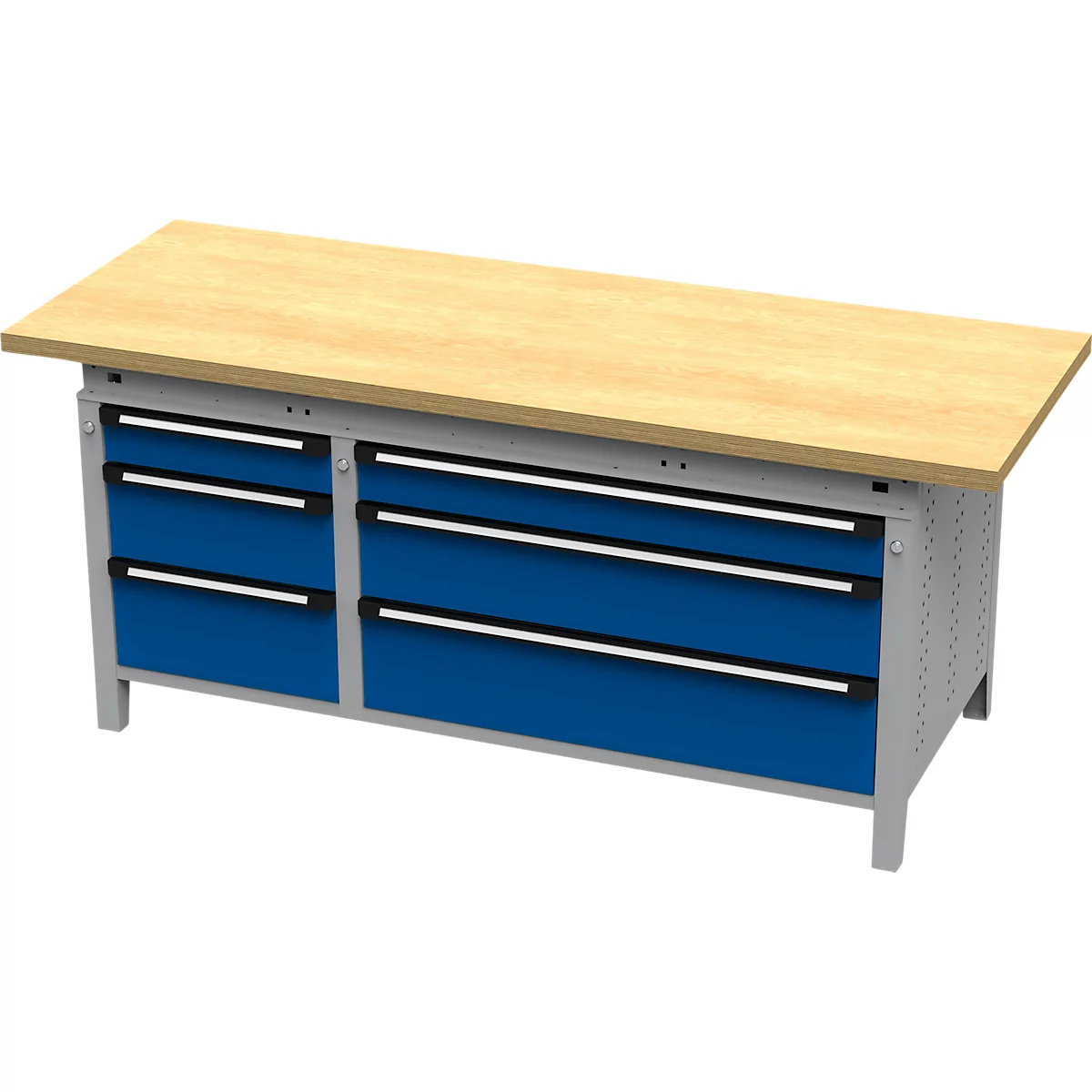Werkbank met blauwe lades, houten blad en grijze metalen poten. De lades hebben zilveren handgrepen.