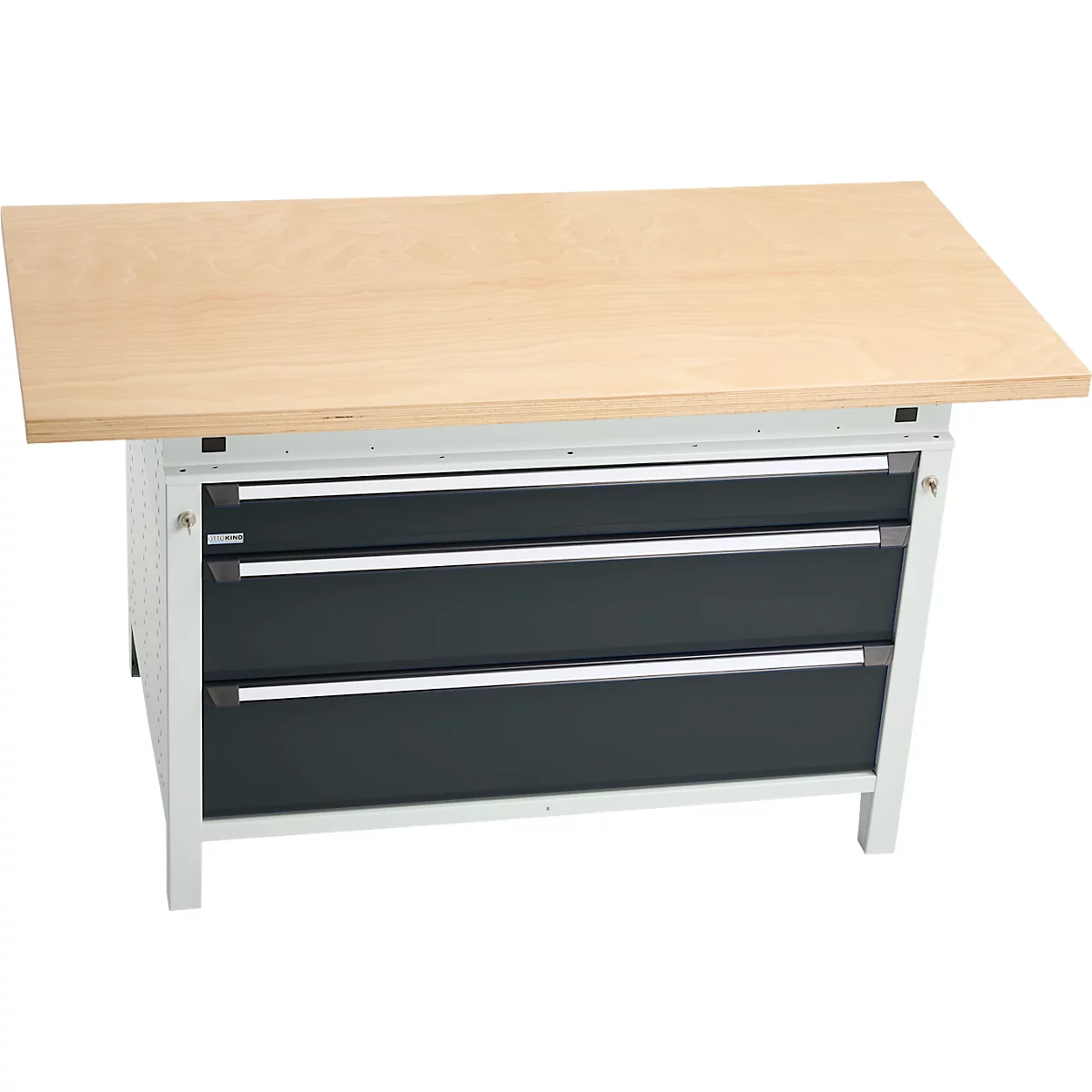 Otto Kind Breitfachwerkbank Typ 405, Buche Multiplexplatte, bis 1.200 kg, B 1524 x T 750 x H 850 mm, Stahl, Zentralverschluss, lichtgrau/anthrazitgrau