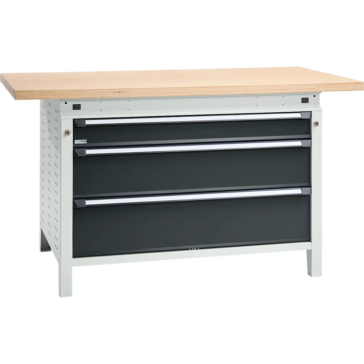 Otto Kind Breitfachwerkbank Typ 405, Buche Multiplexplatte, bis 1.200 kg, B 1524 x T 750 x H 850 mm, Stahl, Zentralverschluss, lichtgrau/anthrazitgrau