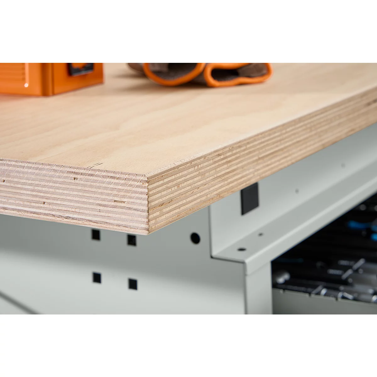 Otto Kind Breitfachwerkbank Typ 405, Buche Multiplexplatte, bis 1.200 kg, B 1524 x T 750 x H 850 mm, Stahl, Zentralverschluss, lichtgrau/anthrazitgrau