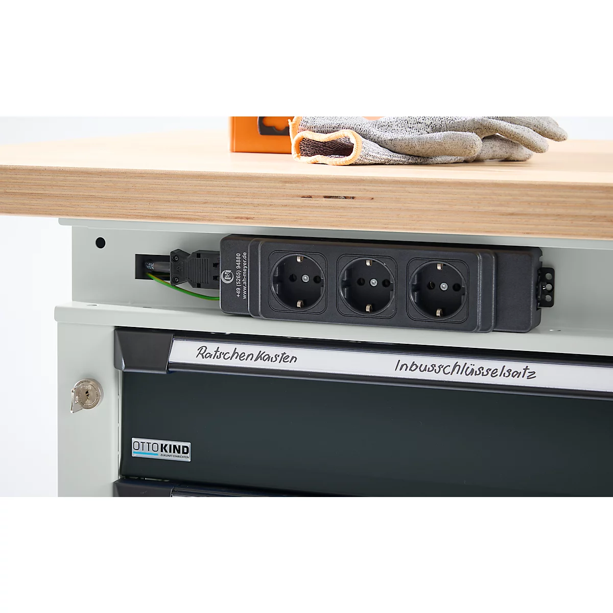 Otto Kind Breitfachwerkbank Typ 405, Buche Multiplexplatte, bis 1.200 kg, B 1524 x T 750 x H 850 mm, Stahl, Zentralverschluss, lichtgrau/anthrazitgrau