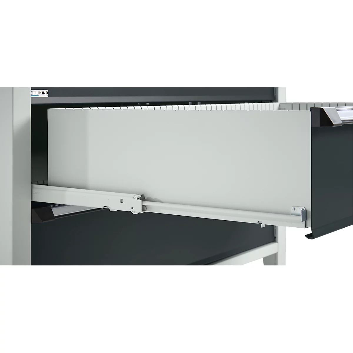 Otto Kind Breitfachwerkbank Typ 405, Buche Multiplexplatte, bis 1.200 kg, B 1524 x T 750 x H 850 mm, Stahl, Zentralverschluss, lichtgrau/anthrazitgrau