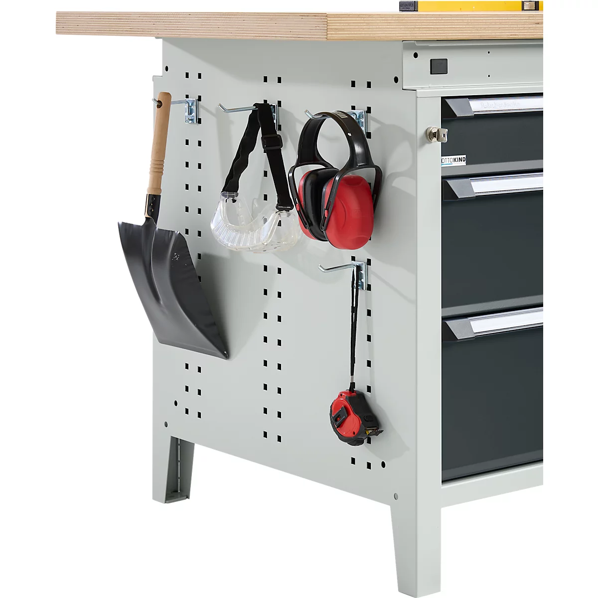 Otto Kind Breitfachwerkbank Typ 405, Buche Multiplexplatte, bis 1.200 kg, B 1524 x T 750 x H 850 mm, Stahl, Zentralverschluss, lichtgrau/anthrazitgrau
