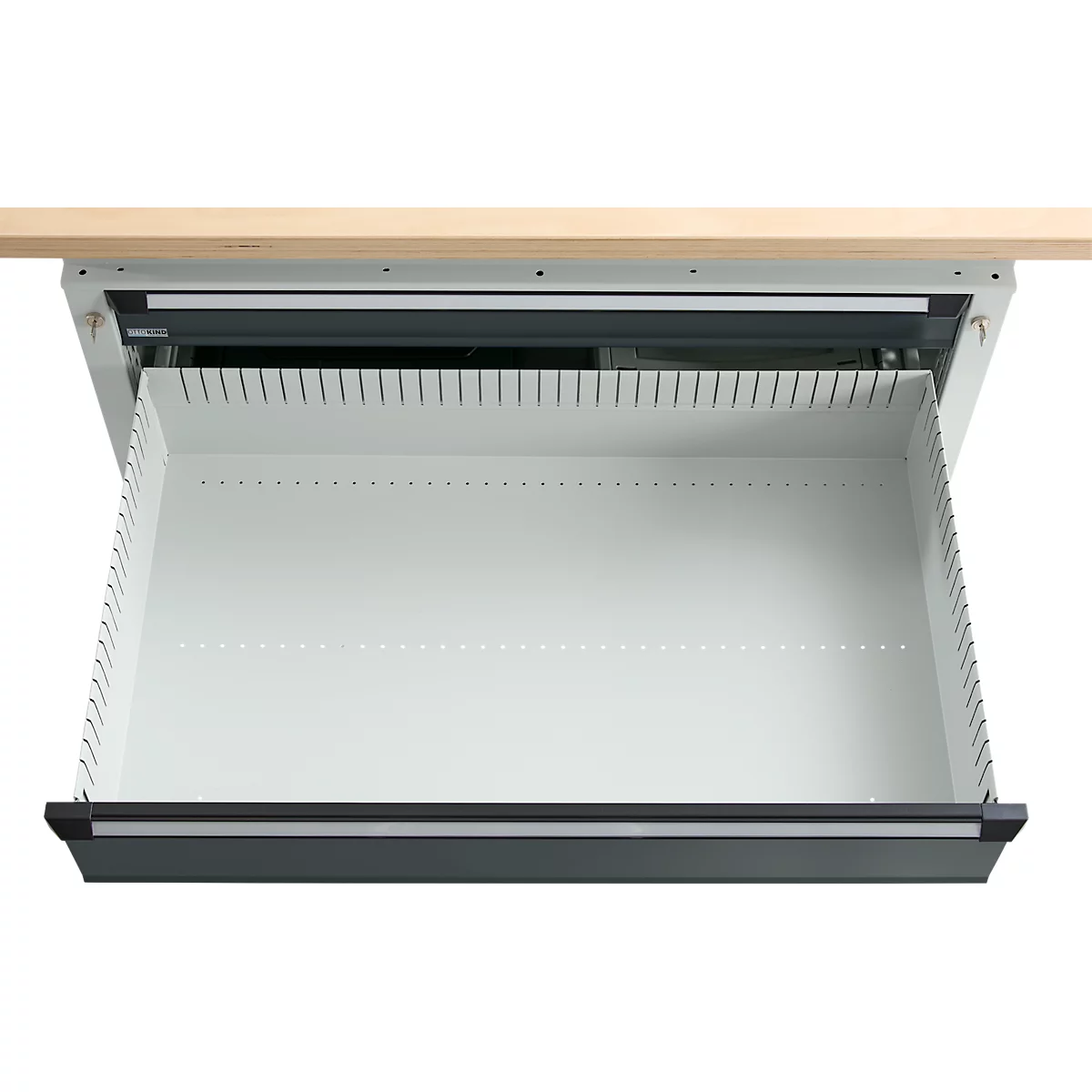 Otto Kind Breitfachwerkbank Typ 405, Buche Multiplexplatte, bis 1.200 kg, B 1524 x T 750 x H 850 mm, Stahl, Zentralverschluss, lichtgrau/anthrazitgrau