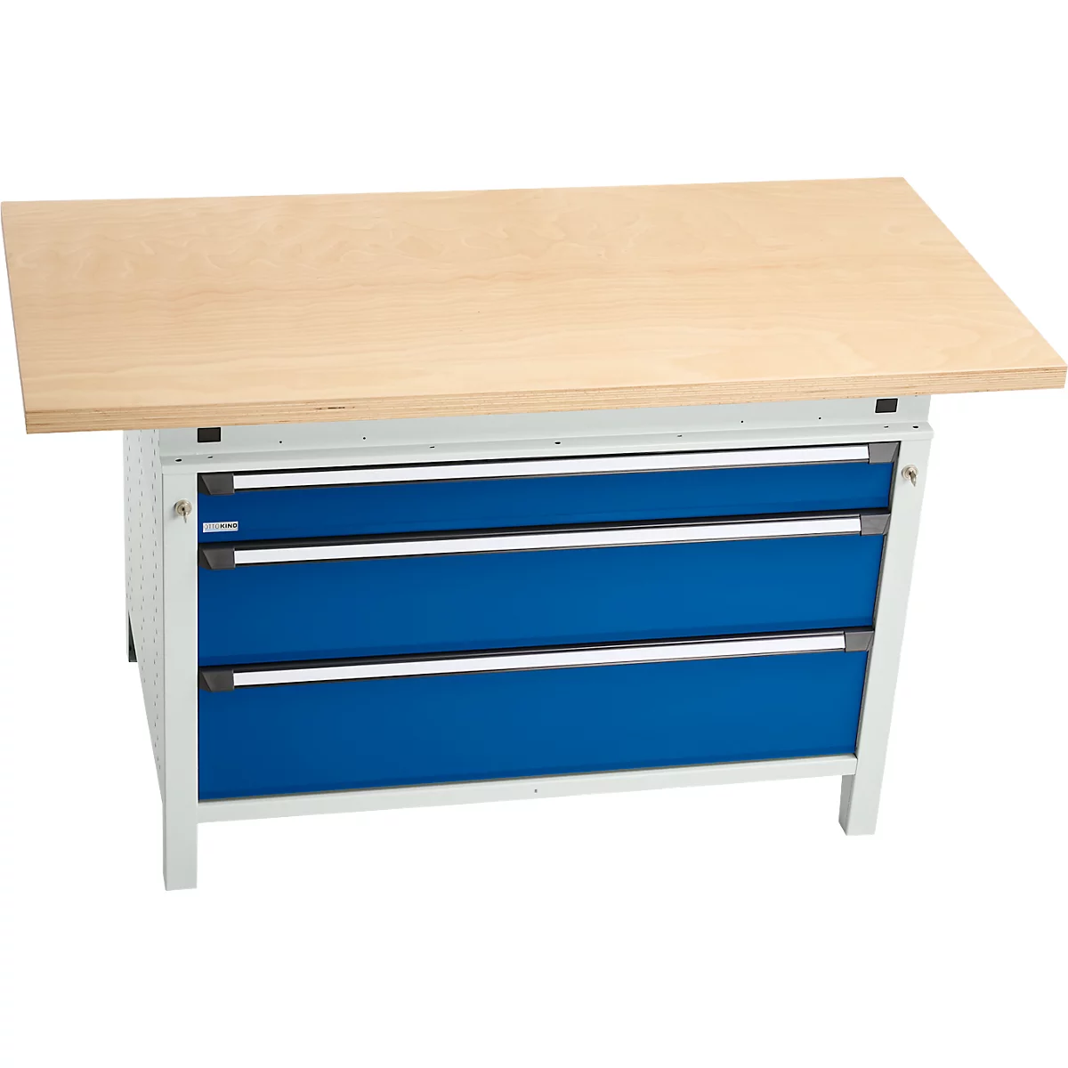 Otto Kind Breitfachwerkbank Typ 405, Buche Multiplexplatte, bis 1.200 kg, B 1524 x T 750 x H 850 mm, Stahl, Zentralverschluss, lichtgrau/enzianblau