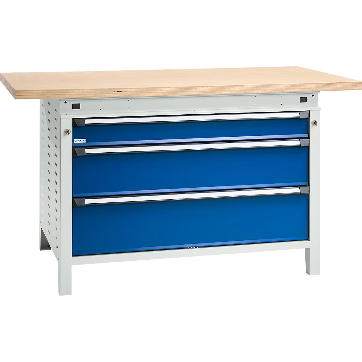 Otto Kind Breitfachwerkbank Typ 405, Buche Multiplexplatte, bis 1.200 kg, B 1524 x T 750 x H 850 mm, Stahl, Zentralverschluss, lichtgrau/enzianblau