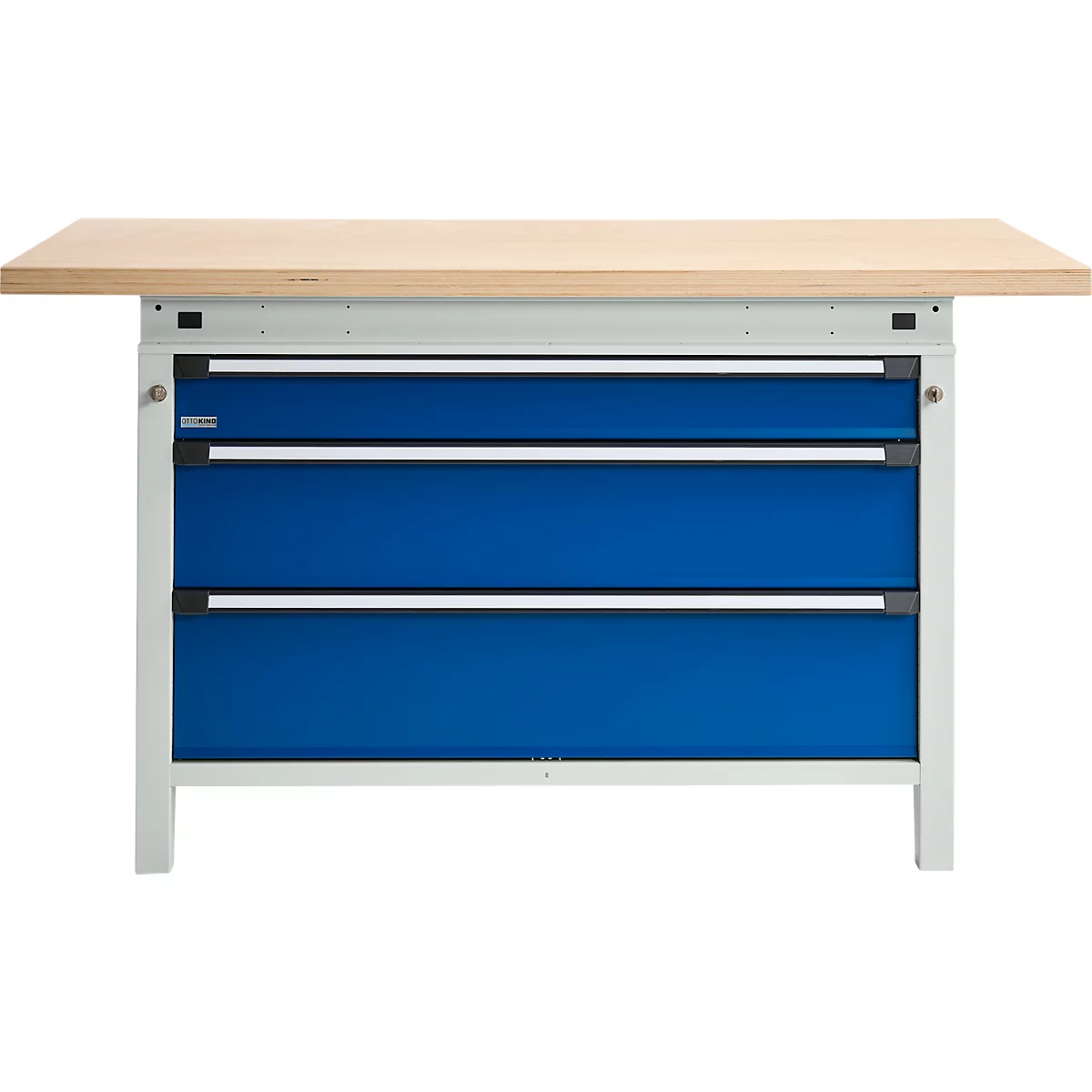 Otto Kind Breitfachwerkbank Typ 405, Buche Multiplexplatte, bis 1.200 kg, B 1524 x T 750 x H 850 mm, Stahl, Zentralverschluss, lichtgrau/enzianblau