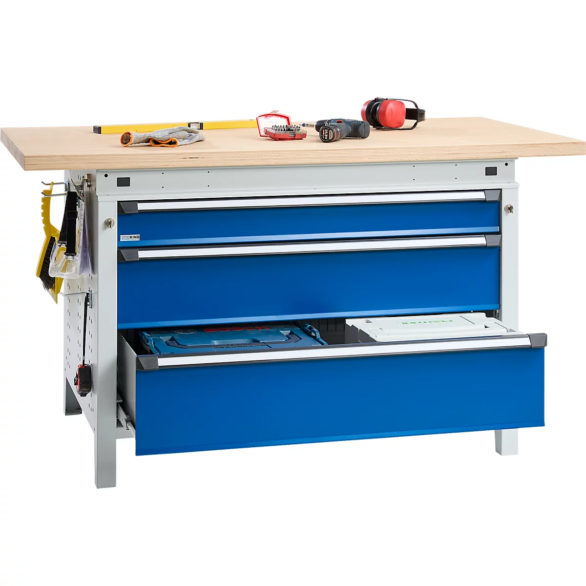 Otto Kind Breitfachwerkbank Typ 405, Buche Multiplexplatte, bis 1.200 kg, B 1524 x T 750 x H 850 mm, Stahl, Zentralverschluss, lichtgrau/enzianblau