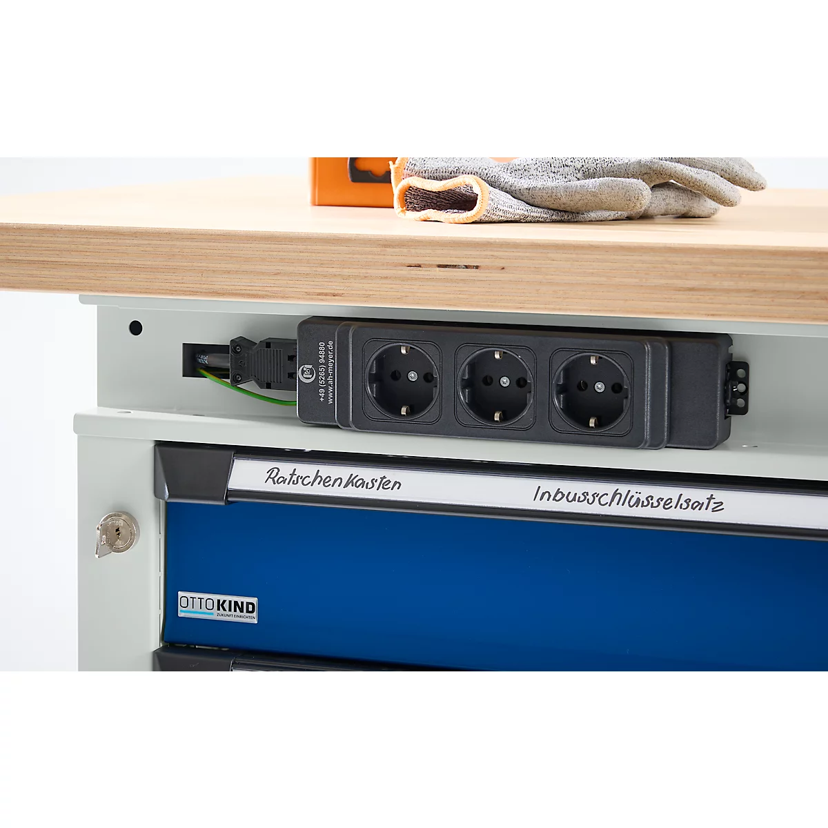 Otto Kind Breitfachwerkbank Typ 405, Buche Multiplexplatte, bis 1.200 kg, B 1524 x T 750 x H 850 mm, Stahl, Zentralverschluss, lichtgrau/enzianblau
