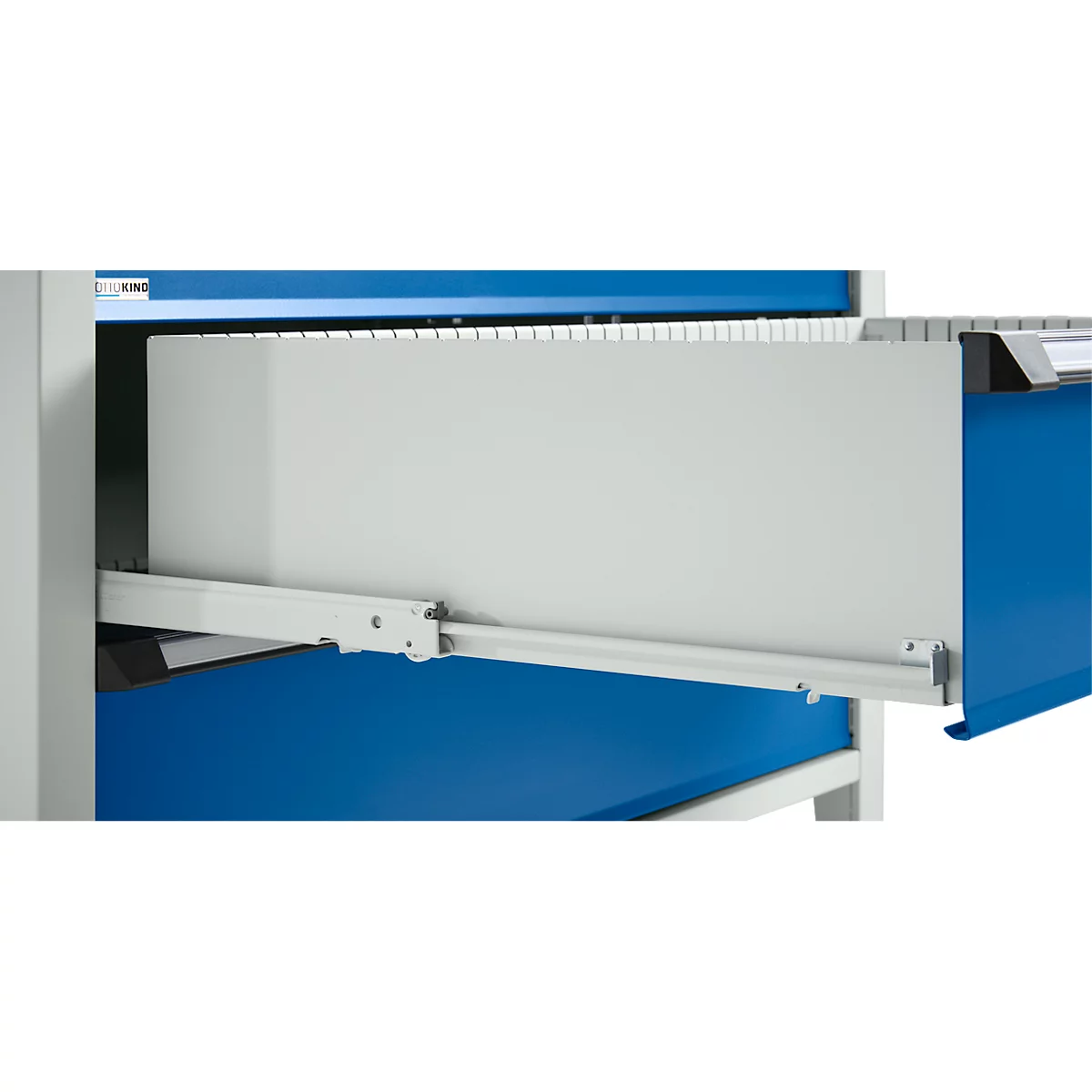 Otto Kind Breitfachwerkbank Typ 405, Buche Multiplexplatte, bis 1.200 kg, B 1524 x T 750 x H 850 mm, Stahl, Zentralverschluss, lichtgrau/enzianblau