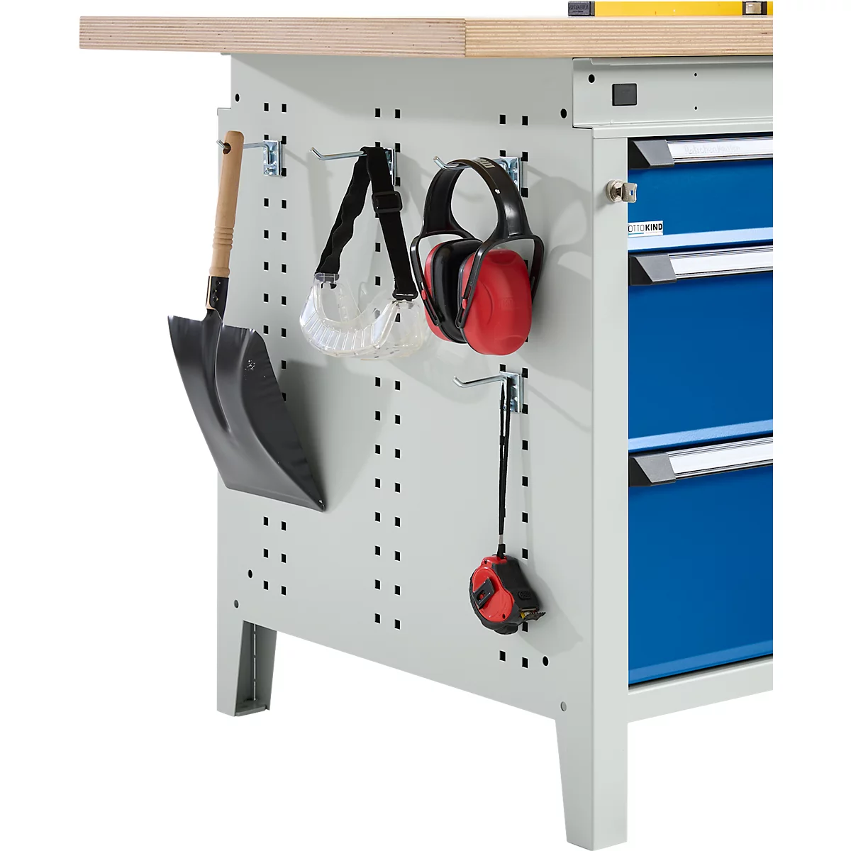 Otto Kind Breitfachwerkbank Typ 405, Buche Multiplexplatte, bis 1.200 kg, B 1524 x T 750 x H 850 mm, Stahl, Zentralverschluss, lichtgrau/enzianblau