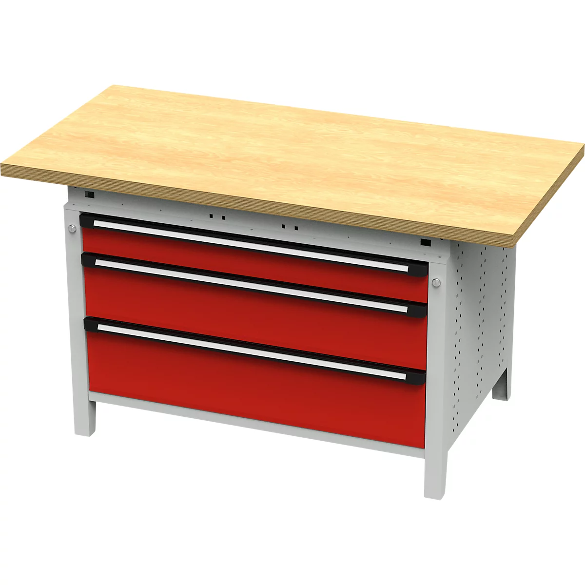 Otto Kind Breitfachwerkbank Typ 405, Buche Multiplexplatte, bis 1.200 kg, B 1524 x T 750 x H 850 mm, Stahl, Zentralverschluss, lichtgrau/feuerrot