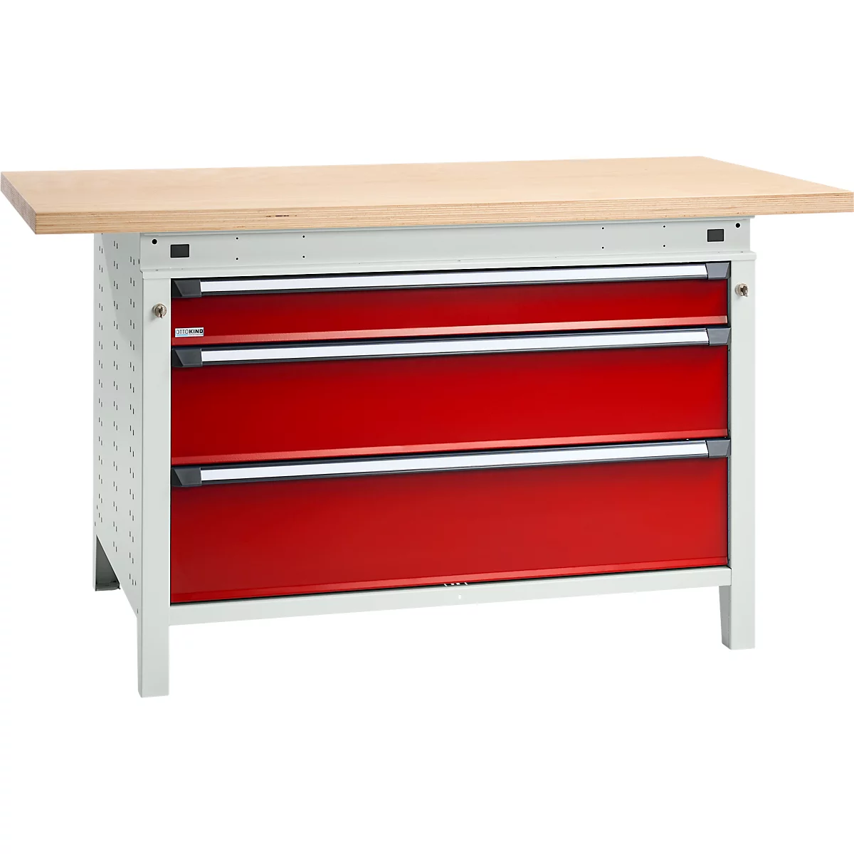 Otto Kind Breitfachwerkbank Typ 405, Buche Multiplexplatte, bis 1.200 kg, B 1524 x T 750 x H 850 mm, Stahl, Zentralverschluss, lichtgrau/feuerrot