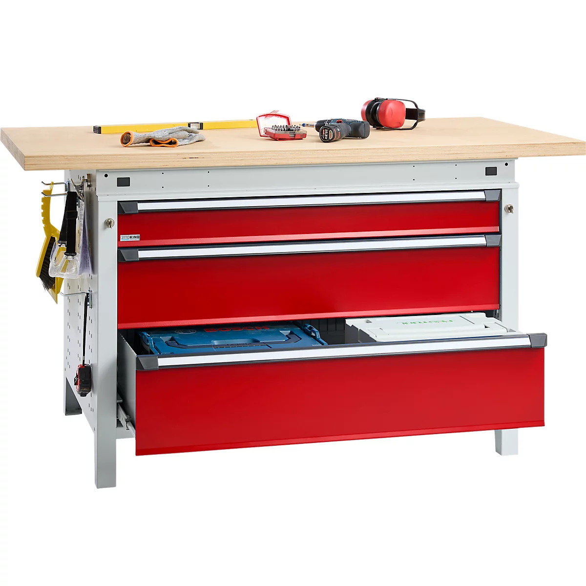 Otto Kind Breitfachwerkbank Typ 405, Buche Multiplexplatte, bis 1.200 kg, B 1524 x T 750 x H 850 mm, Stahl, Zentralverschluss, lichtgrau/feuerrot