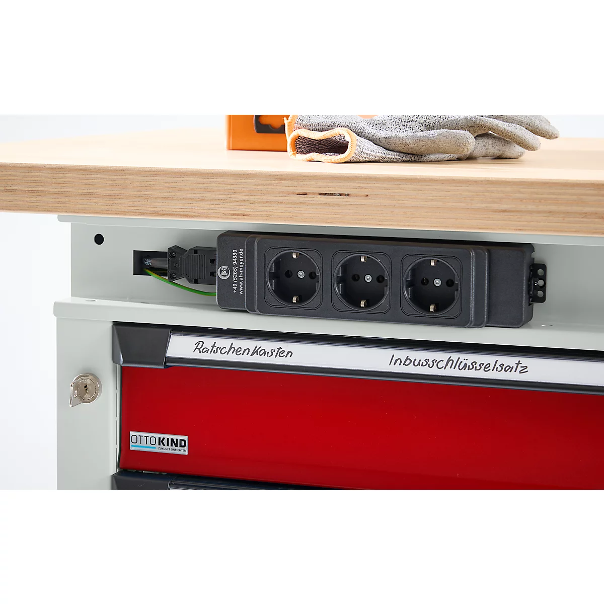 Otto Kind Breitfachwerkbank Typ 405, Buche Multiplexplatte, bis 1.200 kg, B 1524 x T 750 x H 850 mm, Stahl, Zentralverschluss, lichtgrau/feuerrot