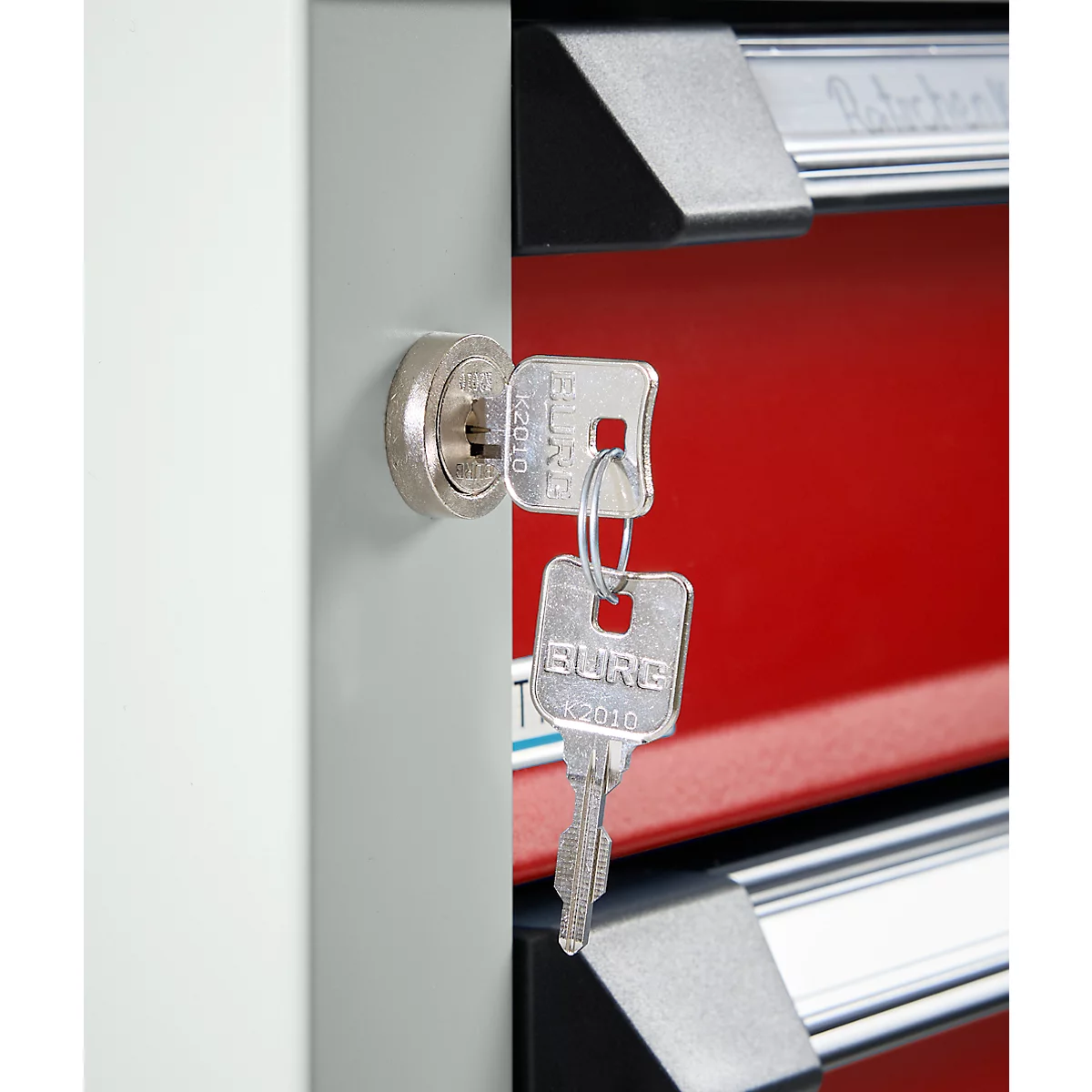 Otto Kind Breitfachwerkbank Typ 405, Buche Multiplexplatte, bis 1.200 kg, B 1524 x T 750 x H 850 mm, Stahl, Zentralverschluss, lichtgrau/feuerrot