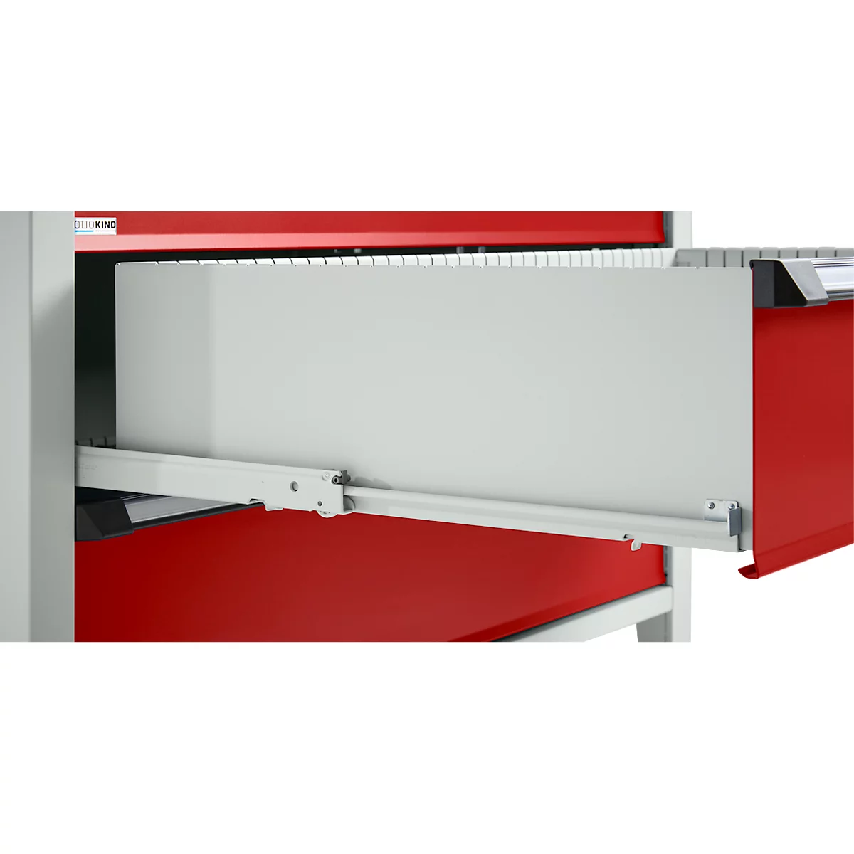 Otto Kind Breitfachwerkbank Typ 405, Buche Multiplexplatte, bis 1.200 kg, B 1524 x T 750 x H 850 mm, Stahl, Zentralverschluss, lichtgrau/feuerrot