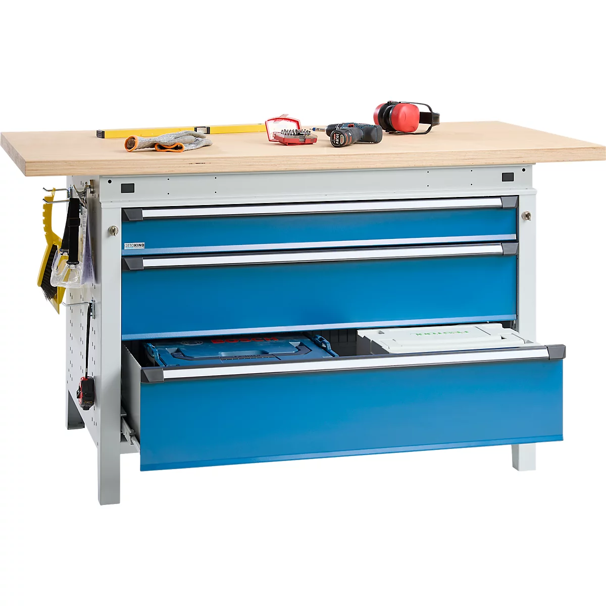 Otto Kind Breitfachwerkbank Typ 405, Buche Multiplexplatte, bis 1.200 kg, B 1524 x T 750 x H 850 mm, Stahl, Zentralverschluss, lichtgrau/lichtblau