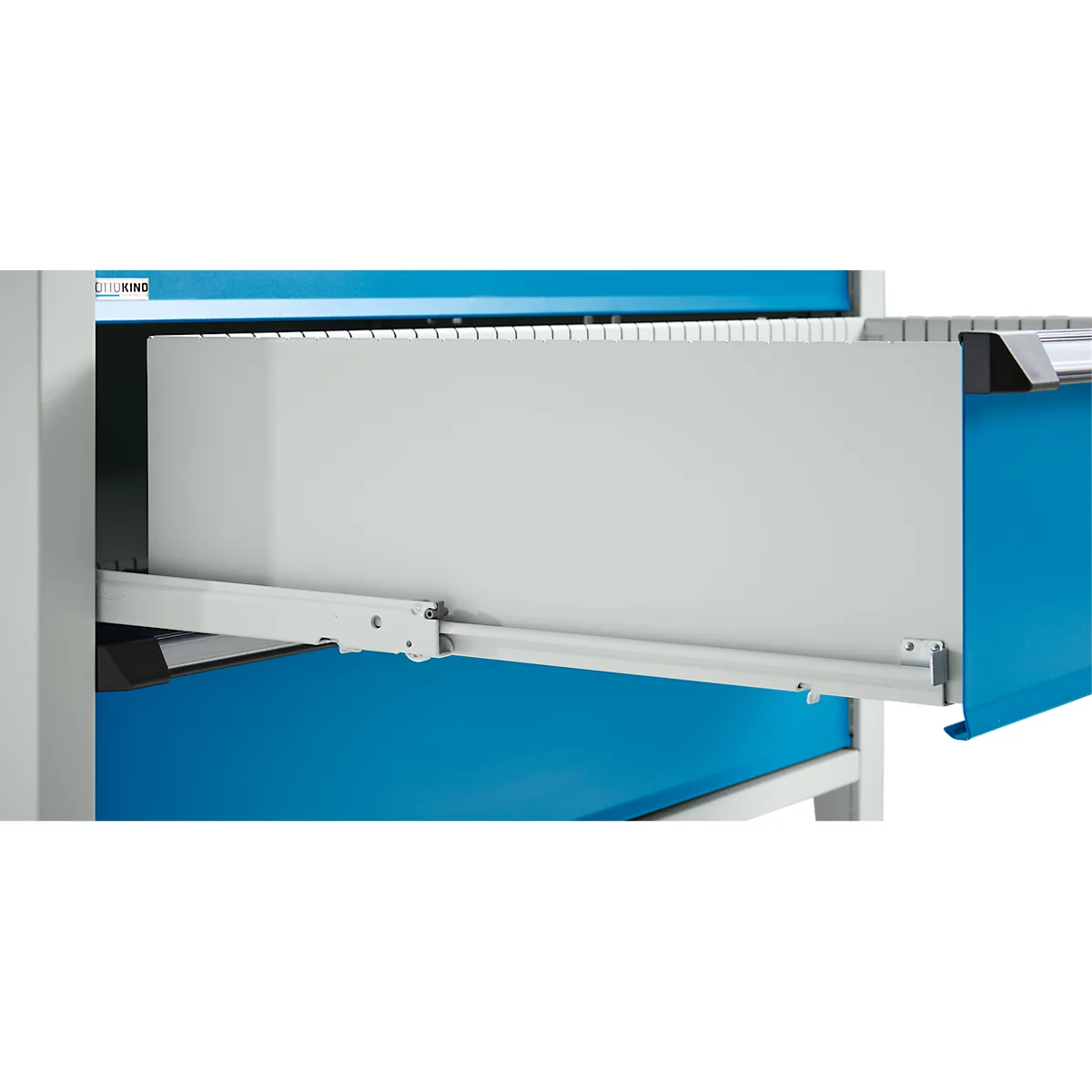 Otto Kind Breitfachwerkbank Typ 405, Buche Multiplexplatte, bis 1.200 kg, B 1524 x T 750 x H 850 mm, Stahl, Zentralverschluss, lichtgrau/lichtblau