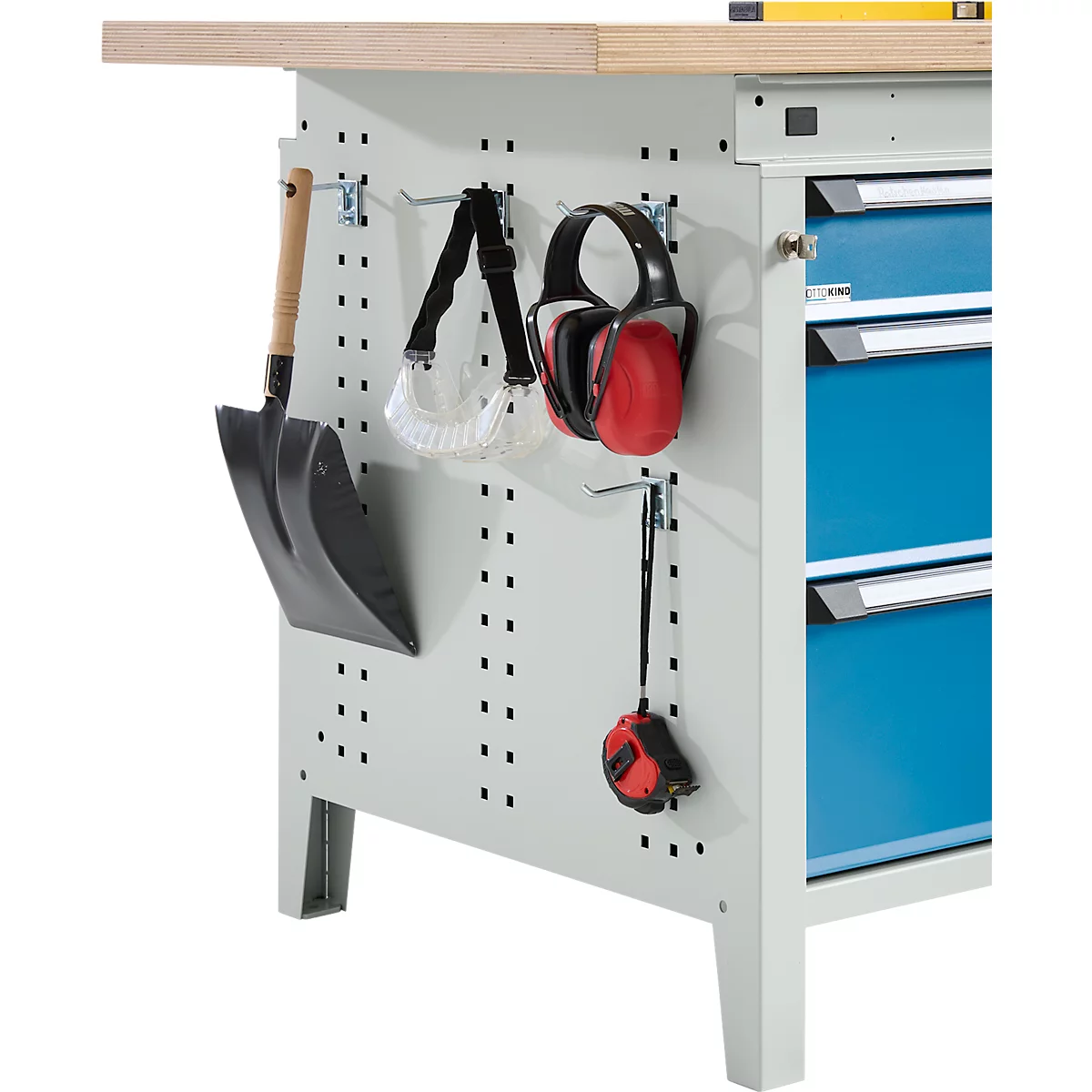 Otto Kind Breitfachwerkbank Typ 405, Buche Multiplexplatte, bis 1.200 kg, B 1524 x T 750 x H 850 mm, Stahl, Zentralverschluss, lichtgrau/lichtblau