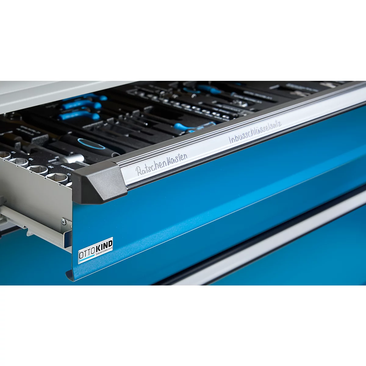 Otto Kind Breitfachwerkbank Typ 405, Buche Multiplexplatte, bis 1.200 kg, B 1524 x T 750 x H 850 mm, Stahl, Zentralverschluss, lichtgrau/lichtblau
