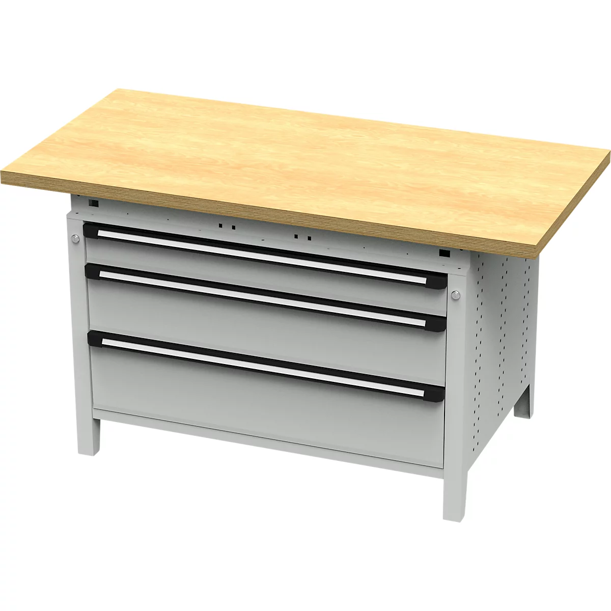 Otto Kind Breitfachwerkbank Typ 405, Buche Multiplexplatte, bis 1.200 kg, B 1524 x T 750 x H 850 mm, Stahl, Zentralverschluss, lichtgrau/lichtgrau