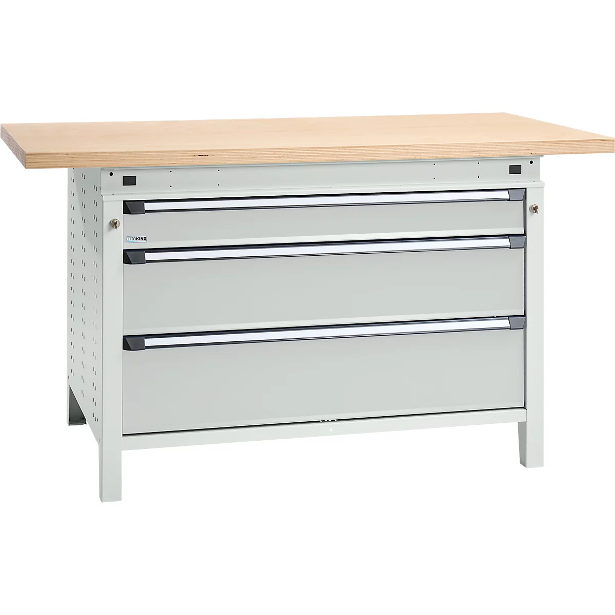 Otto Kind Breitfachwerkbank Typ 405, Buche Multiplexplatte, bis 1.200 kg, B 1524 x T 750 x H 850 mm, Stahl, Zentralverschluss, lichtgrau/lichtgrau