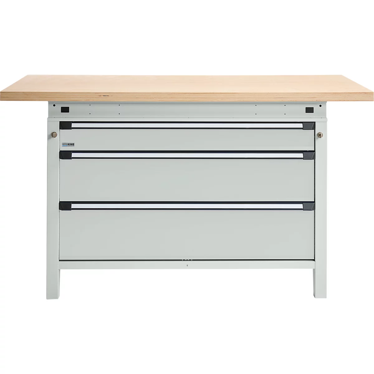 Otto Kind Breitfachwerkbank Typ 405, Buche Multiplexplatte, bis 1.200 kg, B 1524 x T 750 x H 850 mm, Stahl, Zentralverschluss, lichtgrau/lichtgrau