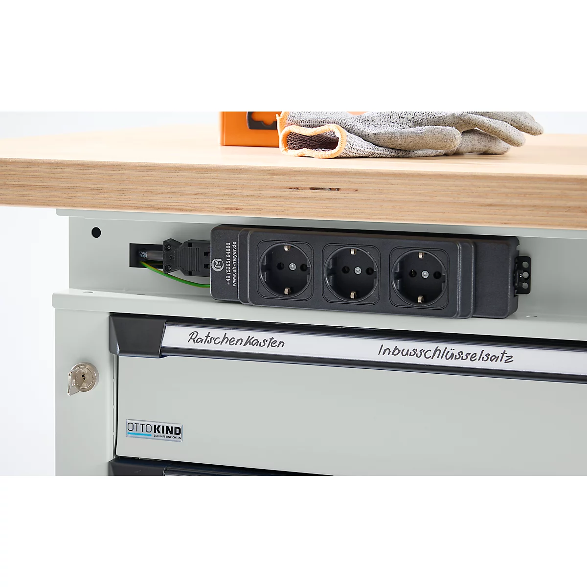 Otto Kind Breitfachwerkbank Typ 405, Buche Multiplexplatte, bis 1.200 kg, B 1524 x T 750 x H 850 mm, Stahl, Zentralverschluss, lichtgrau/lichtgrau