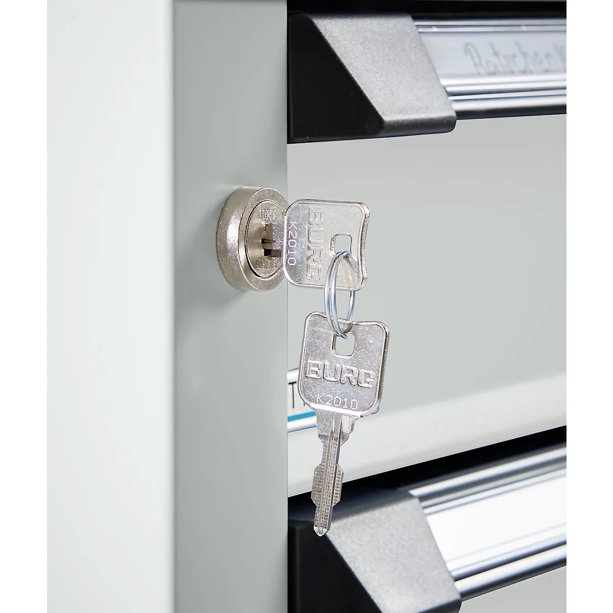 Otto Kind Breitfachwerkbank Typ 405, Buche Multiplexplatte, bis 1.200 kg, B 1524 x T 750 x H 850 mm, Stahl, Zentralverschluss, lichtgrau/lichtgrau