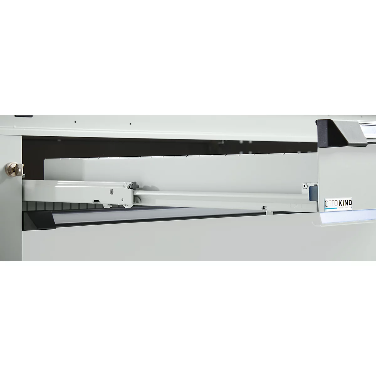 Otto Kind Breitfachwerkbank Typ 405, Buche Multiplexplatte, bis 1.200 kg, B 1524 x T 750 x H 850 mm, Stahl, Zentralverschluss, lichtgrau/lichtgrau