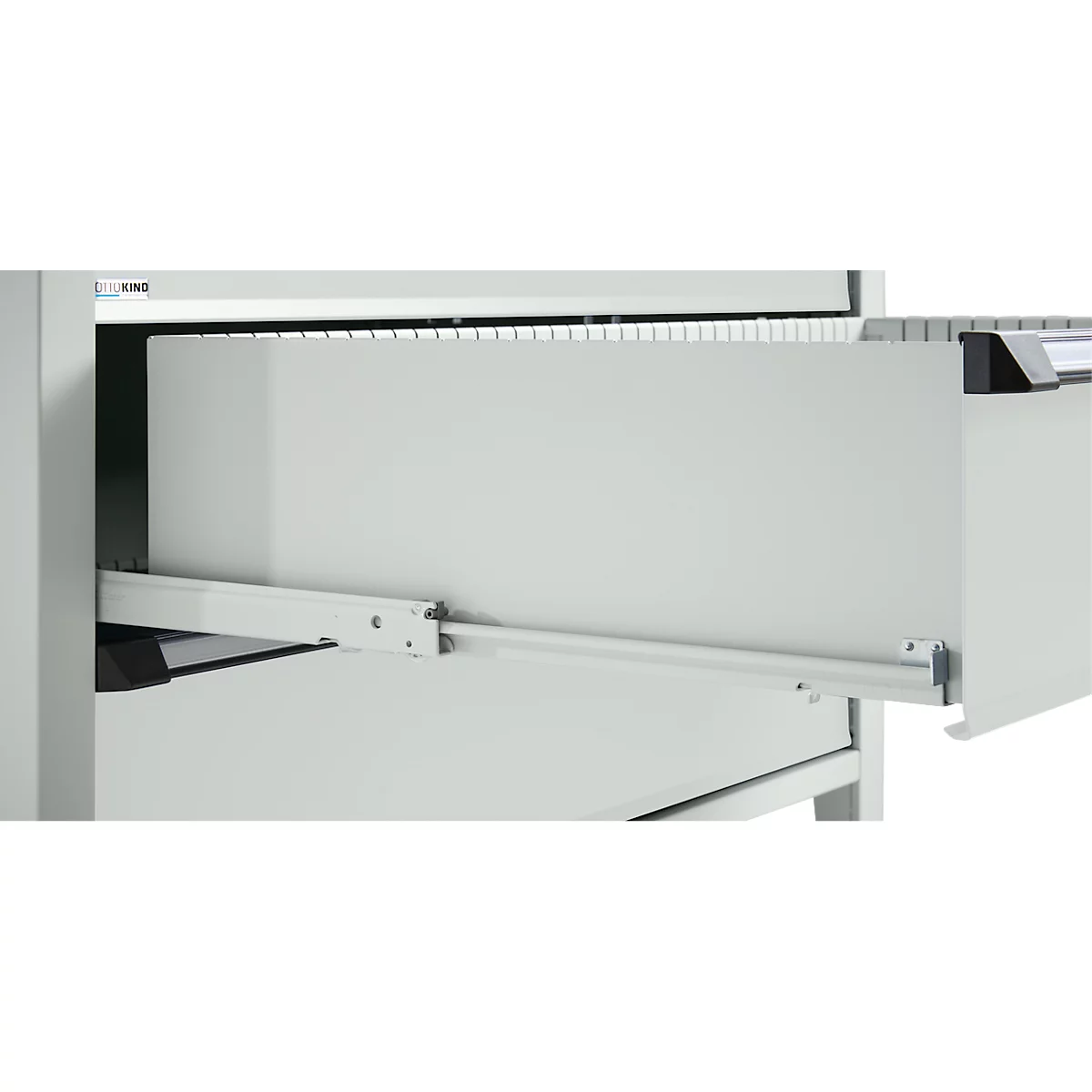Otto Kind Breitfachwerkbank Typ 405, Buche Multiplexplatte, bis 1.200 kg, B 1524 x T 750 x H 850 mm, Stahl, Zentralverschluss, lichtgrau/lichtgrau