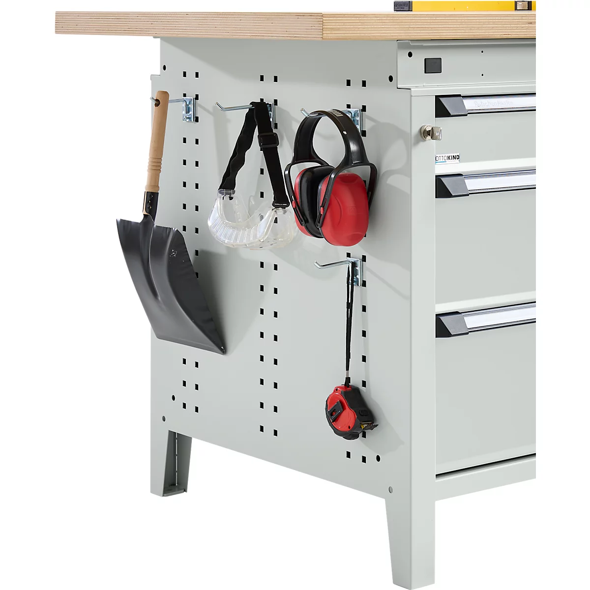 Otto Kind Breitfachwerkbank Typ 405, Buche Multiplexplatte, bis 1.200 kg, B 1524 x T 750 x H 850 mm, Stahl, Zentralverschluss, lichtgrau/lichtgrau