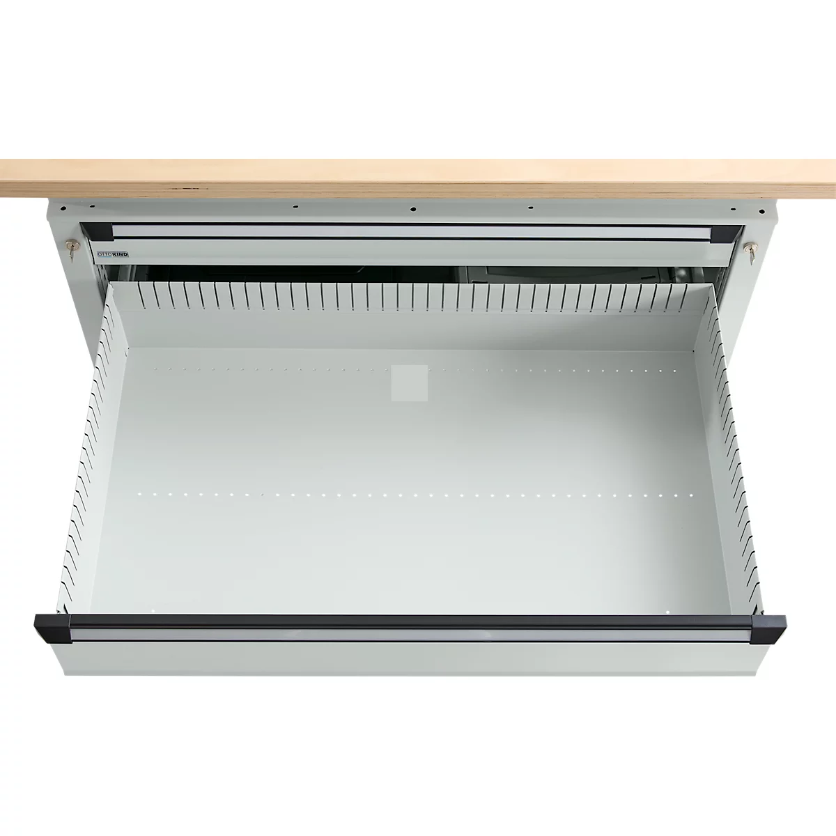 Otto Kind Breitfachwerkbank Typ 405, Buche Multiplexplatte, bis 1.200 kg, B 1524 x T 750 x H 850 mm, Stahl, Zentralverschluss, lichtgrau/lichtgrau