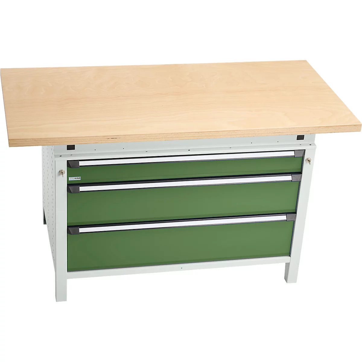 Otto Kind Breitfachwerkbank Typ 405, Buche Multiplexplatte, bis 1.200 kg, B 1524 x T 750 x H 850 mm, Stahl, Zentralverschluss, lichtgrau/resedagrün