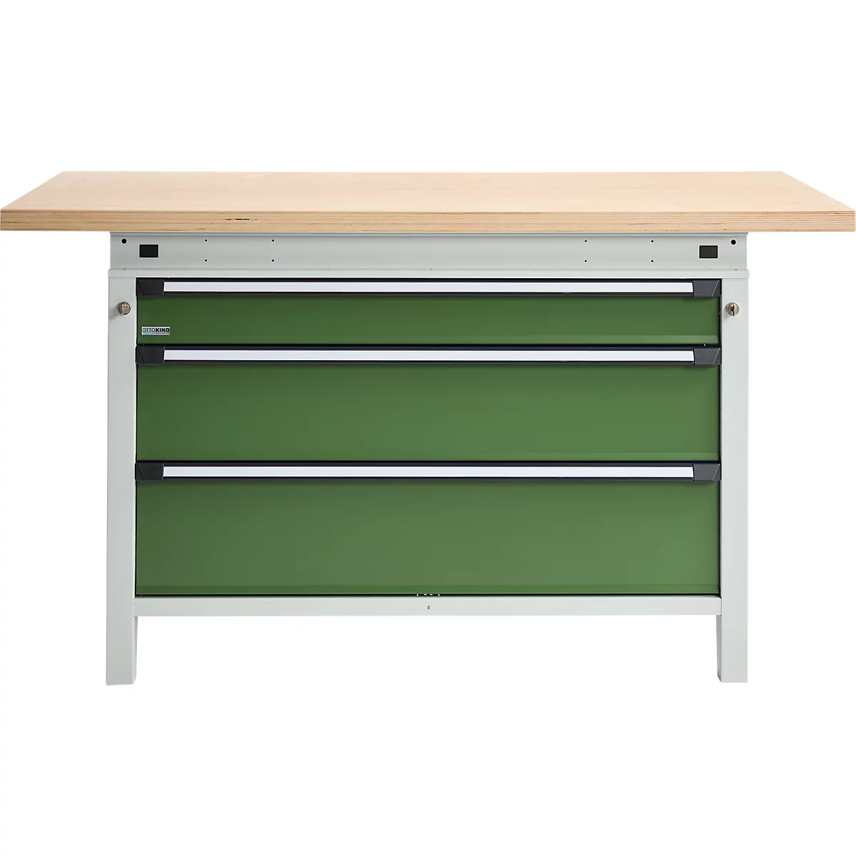 Otto Kind Breitfachwerkbank Typ 405, Buche Multiplexplatte, bis 1.200 kg, B 1524 x T 750 x H 850 mm, Stahl, Zentralverschluss, lichtgrau/resedagrün