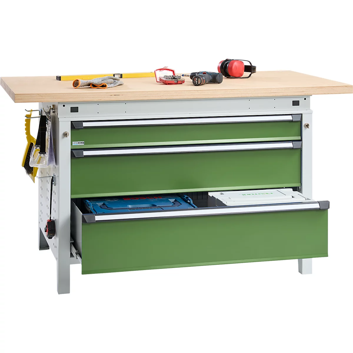 Otto Kind Breitfachwerkbank Typ 405, Buche Multiplexplatte, bis 1.200 kg, B 1524 x T 750 x H 850 mm, Stahl, Zentralverschluss, lichtgrau/resedagrün