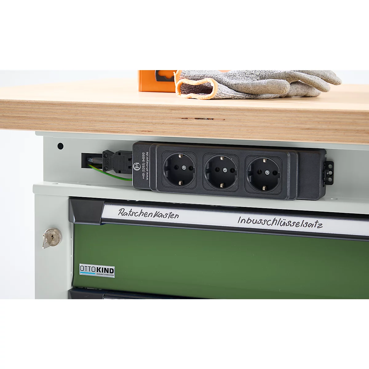 Otto Kind Breitfachwerkbank Typ 405, Buche Multiplexplatte, bis 1.200 kg, B 1524 x T 750 x H 850 mm, Stahl, Zentralverschluss, lichtgrau/resedagrün