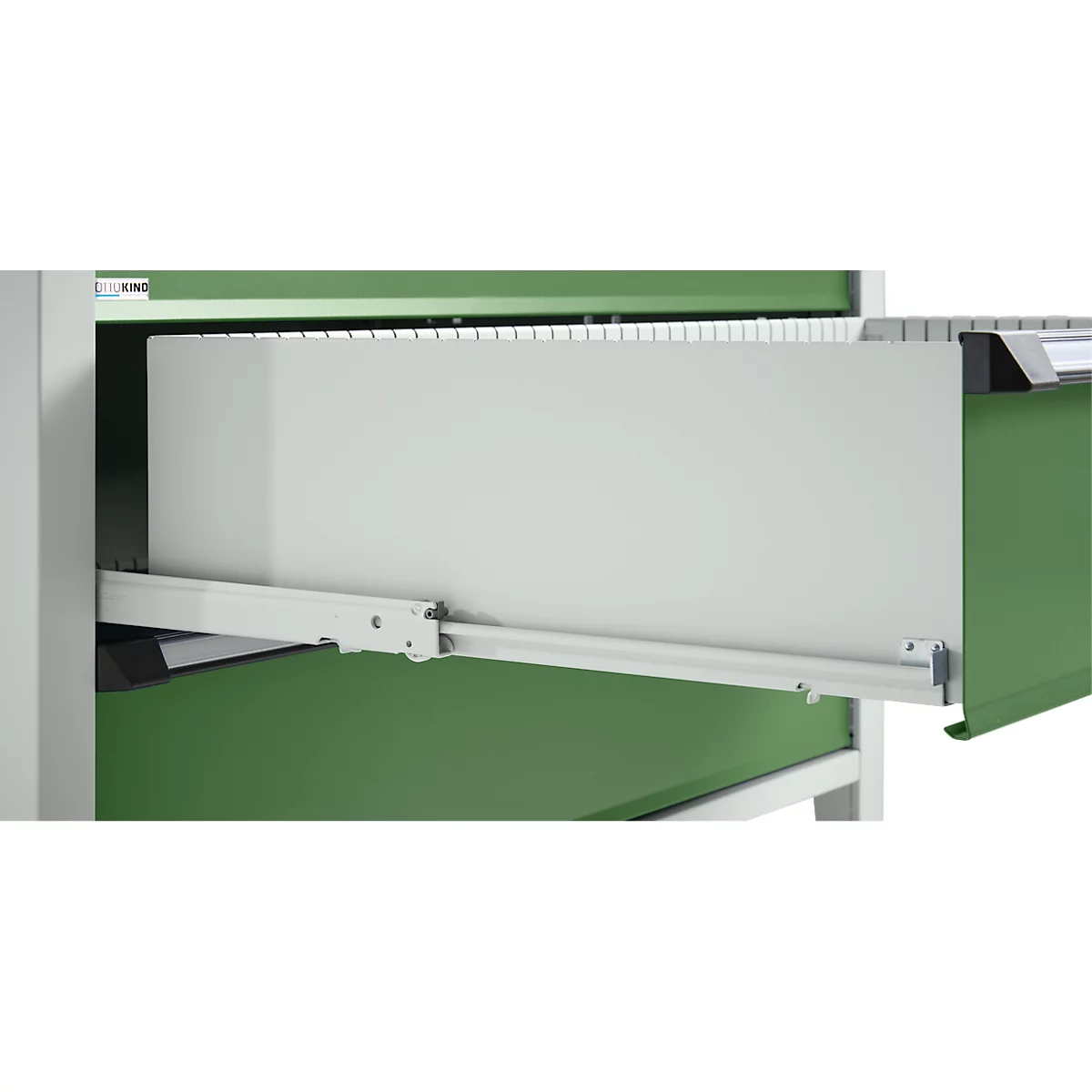 Otto Kind Breitfachwerkbank Typ 405, Buche Multiplexplatte, bis 1.200 kg, B 1524 x T 750 x H 850 mm, Stahl, Zentralverschluss, lichtgrau/resedagrün