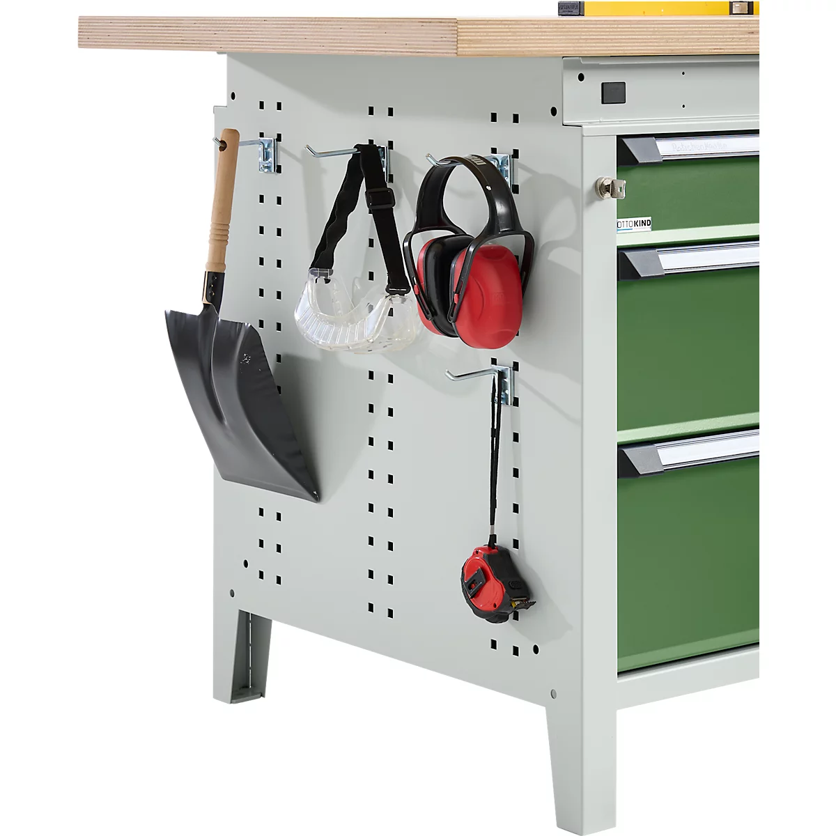 Otto Kind Breitfachwerkbank Typ 405, Buche Multiplexplatte, bis 1.200 kg, B 1524 x T 750 x H 850 mm, Stahl, Zentralverschluss, lichtgrau/resedagrün