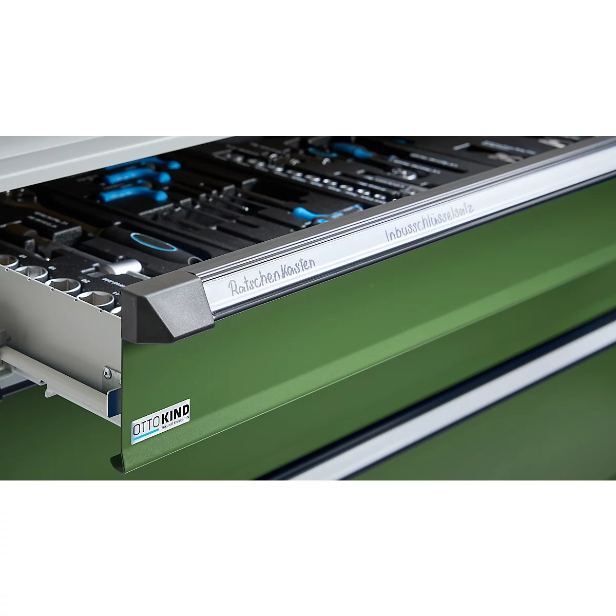 Otto Kind Breitfachwerkbank Typ 405, Buche Multiplexplatte, bis 1.200 kg, B 1524 x T 750 x H 850 mm, Stahl, Zentralverschluss, lichtgrau/resedagrün