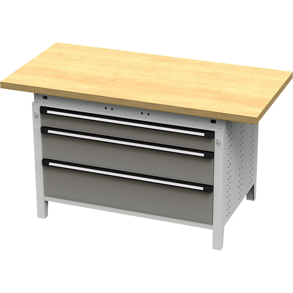 Otto Kind Breitfachwerkbank Typ 405, Buche Multiplexplatte, bis 1.200 kg, B 1524 x T 750 x H 850 mm, Stahl, Zentralverschluss, lichtgrau/staubgrau