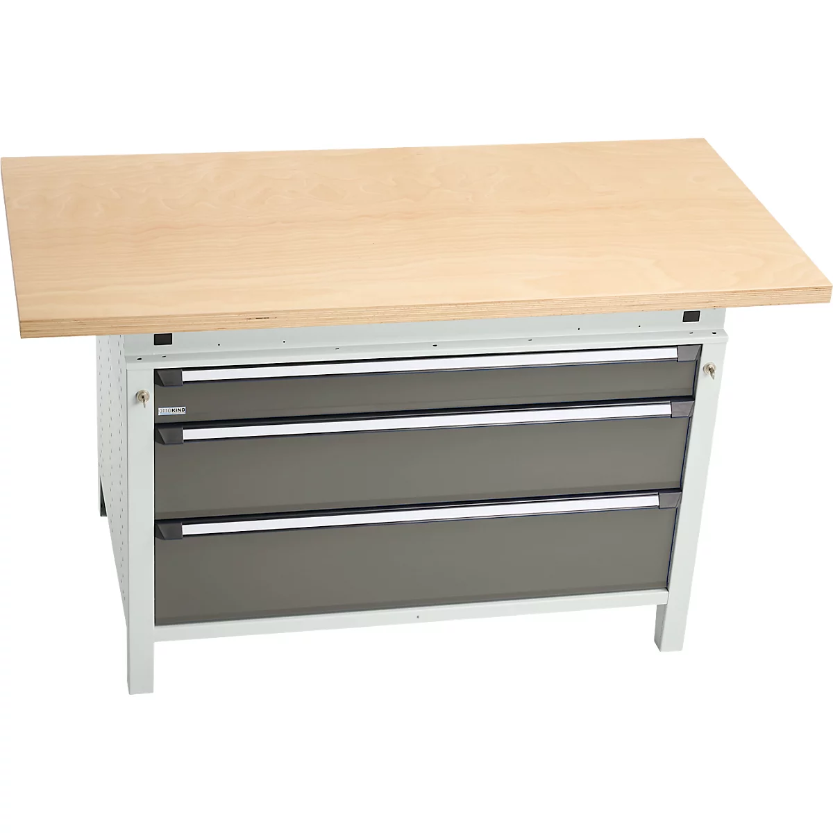 Otto Kind Breitfachwerkbank Typ 405, Buche Multiplexplatte, bis 1.200 kg, B 1524 x T 750 x H 850 mm, Stahl, Zentralverschluss, lichtgrau/staubgrau