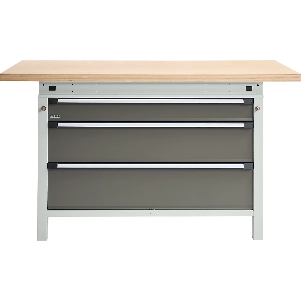 Otto Kind Breitfachwerkbank Typ 405, Buche Multiplexplatte, bis 1.200 kg, B 1524 x T 750 x H 850 mm, Stahl, Zentralverschluss, lichtgrau/staubgrau