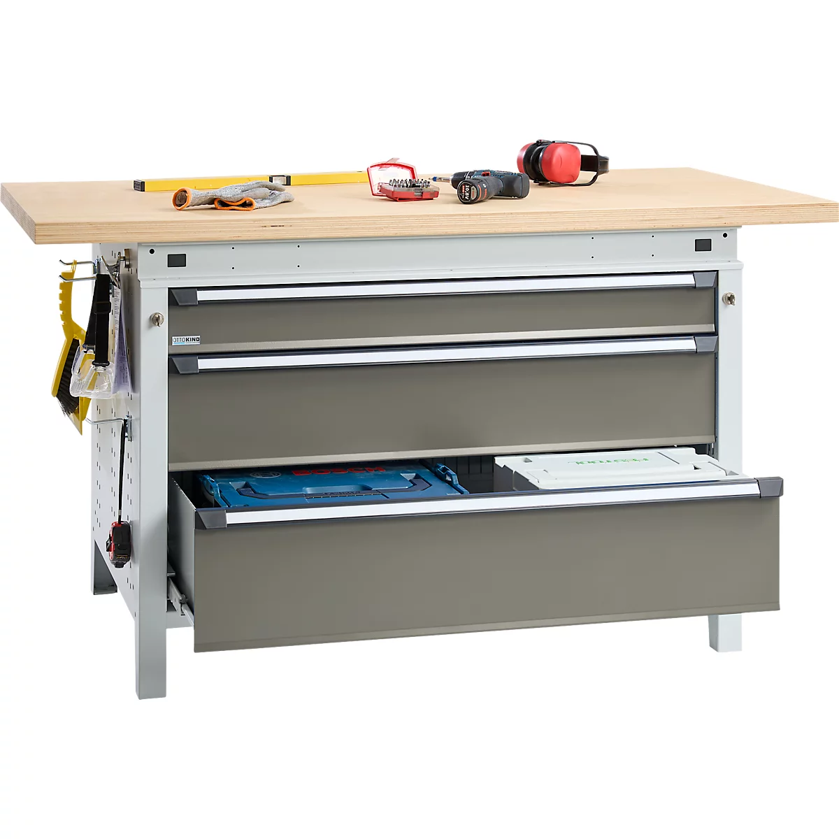 Otto Kind Breitfachwerkbank Typ 405, Buche Multiplexplatte, bis 1.200 kg, B 1524 x T 750 x H 850 mm, Stahl, Zentralverschluss, lichtgrau/staubgrau