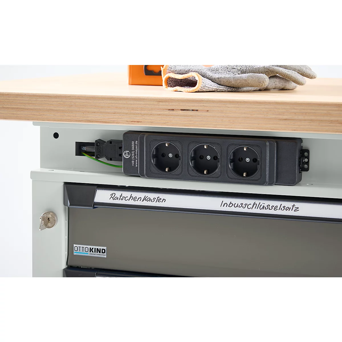 Otto Kind Breitfachwerkbank Typ 405, Buche Multiplexplatte, bis 1.200 kg, B 1524 x T 750 x H 850 mm, Stahl, Zentralverschluss, lichtgrau/staubgrau