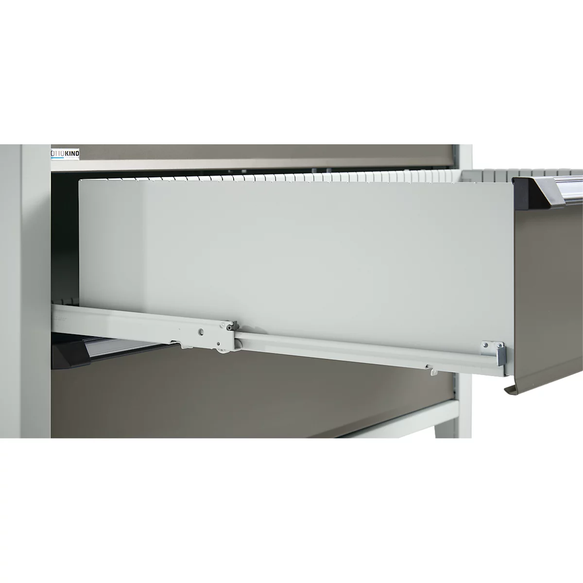 Otto Kind Breitfachwerkbank Typ 405, Buche Multiplexplatte, bis 1.200 kg, B 1524 x T 750 x H 850 mm, Stahl, Zentralverschluss, lichtgrau/staubgrau
