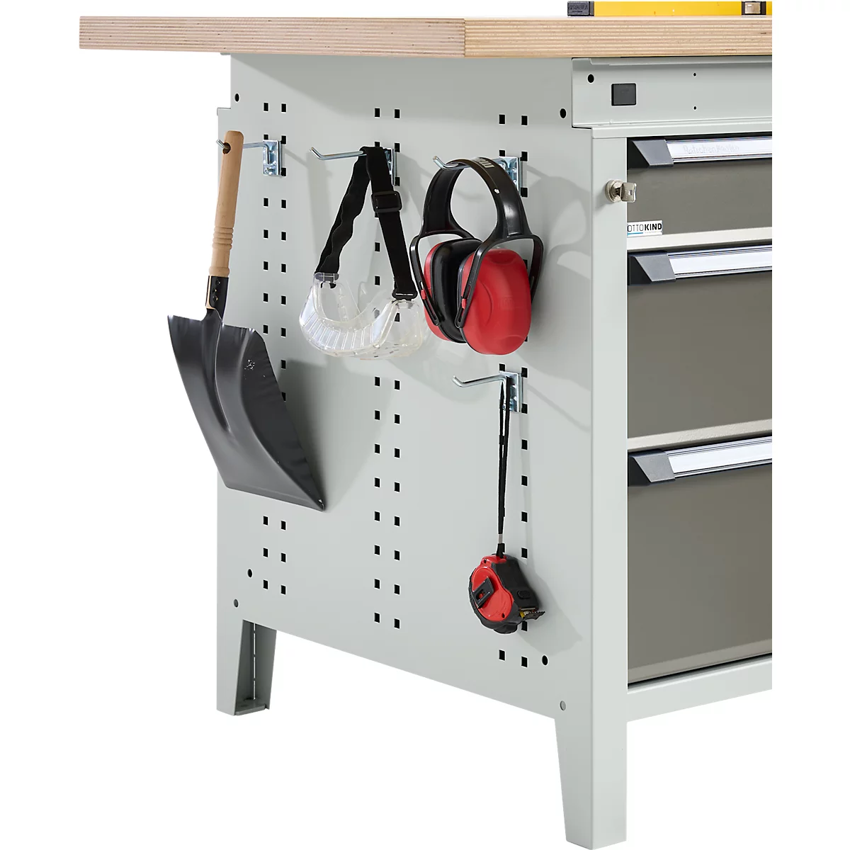 Otto Kind Breitfachwerkbank Typ 405, Buche Multiplexplatte, bis 1.200 kg, B 1524 x T 750 x H 850 mm, Stahl, Zentralverschluss, lichtgrau/staubgrau